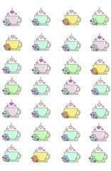 A mugs of tea or coffee with a flower and a heart. Valentine's day breakfast