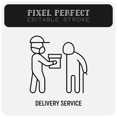 Social care, delivery service for elderly people. Volunteer with groceries. Safety delivery, courier in surgical mask. Thin line icon. Pixel perfect, editable stroke. Vector illustration.