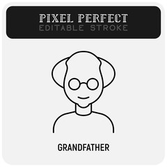 Grandfather in eyeglasses. Elderly people. Thin line icon. Pixel perfect, editable stroke. Vector illustration.