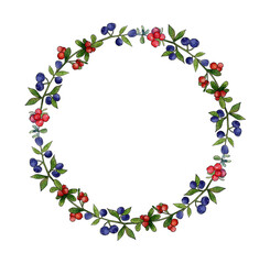 Circle frame with wild north berries watercolor painting