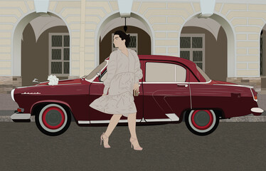 woman in dress with car