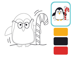 Cute little penguin. Coloring by example. Educational illustration for the development of kids. Coloring book for children. Image isolated on white background.