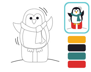 Cute little penguin. Coloring by example. Educational illustration for the development of kids. Coloring book for children. Image isolated on white background.