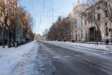 Calle Alcalá in Madrid covered by snow and cold from the storm Filomena. Great snowfall in Madrid....