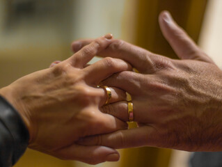 Hands of newlyweds wearing their wedding rings