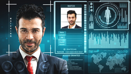 Facial recognition technology scan and detect people face for identification . Future concept interface showing digital biometric security system that analyze human face to verify personal data .