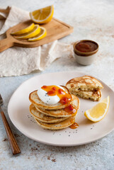 Lemon pancakes with poppy seed and sea buckthorn jam