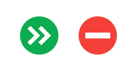 Direction arrow icon and no passage icon. Green and red. Simple flat style. Vector illustration