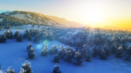 Fototapeta na wymiar above winter forest mountain sunset