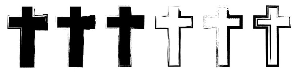 Vector Set of Christian Crosses in Grunge Style. Cross icons in flat style isolated on white background. Cross Outline Icons in Grunge Style. Church Supplies. Vector illustrations.