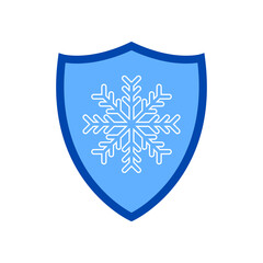 Cold protection icon. Vector icon of a blue shield with a snowflake inside. Shield with a snowflake in a flat design. Shield and sword icon isolated.