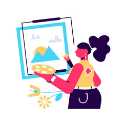 Woman artist standing at the easel and painting. Young painter with palette