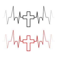 Vector heartbeat icon with cross. Set of black and red heartbeats with crosses. Heartbeat icon. Vector illustration.