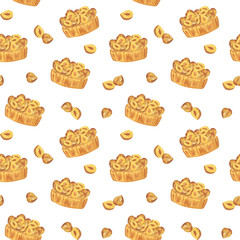 Hazelnut cake with nuts on top of it seamless pattern, hand drawn delicious watercolor dessert food illustration for menu, greeting card, banner, holiday celebrations design, simple ornament