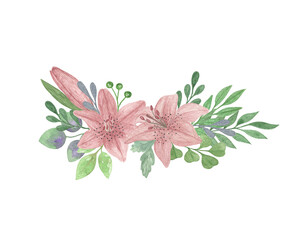 Pink lily flower green leaf decorative floral arrangement hand drawn vintage style watercolor illustration perfect for greeting card, banner, wedding invitation accessories, Easter, Mother's day decor