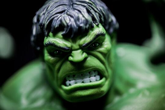 NEW YORK USA, JAN 20 2021: portrait of Marvel Legends Incredible Hulk enraged - Hasbro action figure