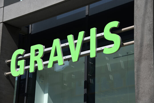 Hannover, Lower Saxony, Germany - April 12, 2020: Logo of Gravis in Hannover Germany  -  Gravis is one of the leading Apple service providers in Europe