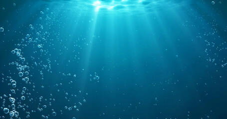 Underwater background with water bubbles and undersea light rays shine - 406232562