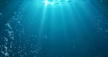 Foto auf Alu-Dibond Unterwasserhintergrund mit Wasserblasen und Unterwasserlichtstrahlen glänzen © Ron Dale