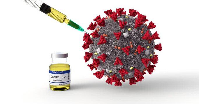 3D animation of Covid 19 Virus, Coronavirus vaccine vial, and synergy. White background and yellow fluid in the bottle. 