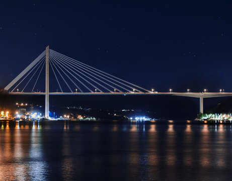Dubrovnik Bridge by night, Adriatic Sea reflection