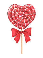 Red heart-shaped lollipop with bow illustration
