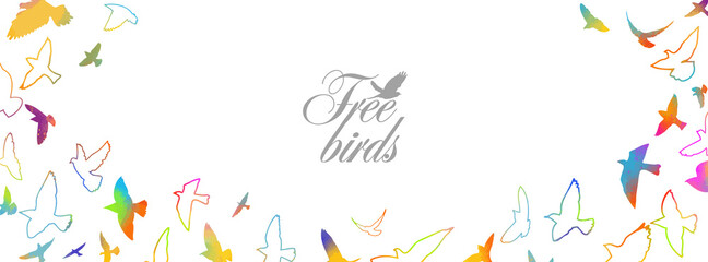 A flock of flying birds. Horizontal frame of colorful birds. Mixed media. Vector illustration