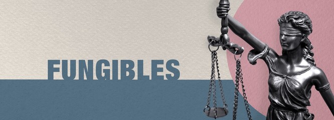 Fungibles. Close-up of a Lady Justice statue. Law and lawyer symbol. Figure stands in front of...