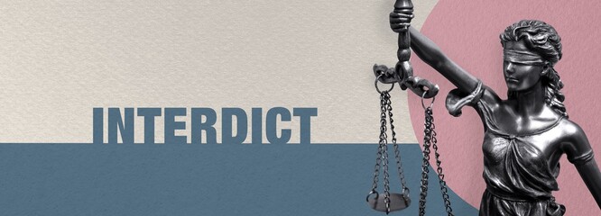 Interdict. Close-up of a Lady Justice statue. Law and lawyer symbol. Figure stands in front of...