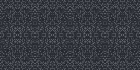 Dark background pattern with decorative ornaments. Black and gray shades. Seamless wallpaper texture