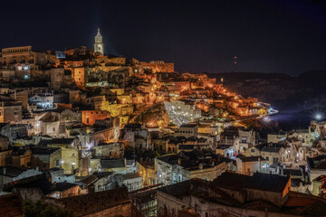 Night cityscape of Matera Sasso Caveoso district, Basilicata, Italy