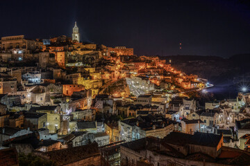 Night cityscape of Matera Sasso Caveoso district, Basilicata, Italy