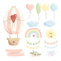 Cute set with pink hot air balloon, clouds, rainbow, paper flags, flower compositions, sun and ribbon without text - isolated on white background Vector Illustration for baby girl in pastel color. 