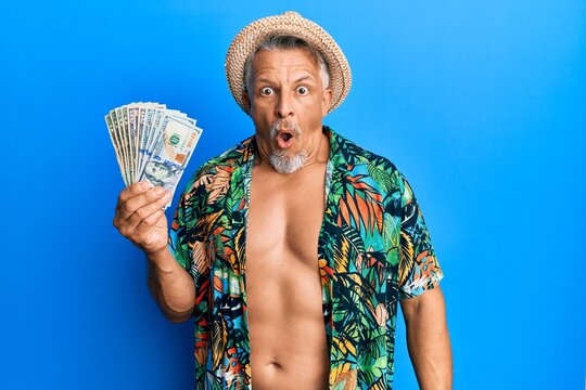 Middle age grey-haired man wearing summer style holding usa dollars banknotes scared and amazed with open mouth for surprise, disbelief face