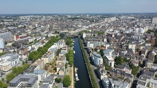 Panoramic view of Rennes city with modern apartment buildings , administrative center of Brittany region, France. High quality 4k footage