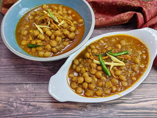 Top down view of a bowl of spicy and tangy Amritsari Chole