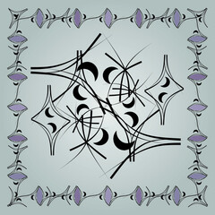 Abstract composition of black crescents and swooshes, with a border of black and lavender, on a gradient gray background