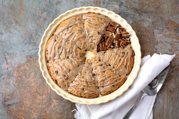 Top View of Homemade Pecan Scones on a Rustic Background