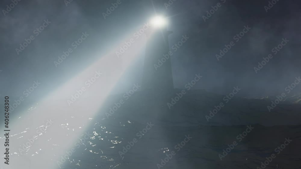 Wall mural lighthouse on stormy misty sea 4k loop features a view of a dark ocean with strong waves with mist m