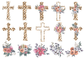 Watercolor leopard Eater floral cross clipart on white background. Can be used for baptism invitation, Easter greeting card, first communion. Jesus crosses green leaves and red poinsettia bouquet