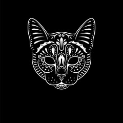 Decorative cat portrait on black background. Line art. Stencil art. Stylized cat face.