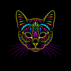 Decorative psychedelic cat portrait on black background. Line art. Stylized cat face. Psychedelic colors.