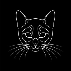 Engraving of stylized cat portrait on black background.. Line art. Stencil art. Stylized cat face. Cat outline.