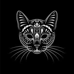 Decorative cat portrait on black background. Line art. Stencil art. Stylized cat face. Cat with whiskers.