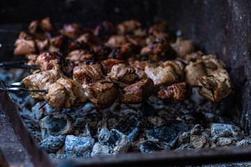 Fresh shish kebab on skewers is fried on the grill. Grilled meat on skewers.
