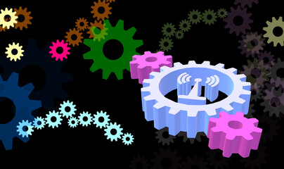 Radio signals network symbol. Wireless telecommunication. Gear wheels. 3D illustration. Creative meeting, team solution, progress, evolution or teamwork. Wifi.