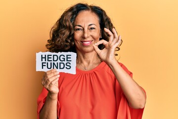 Middle age hispanic woman holding hedge funds message paper doing ok sign with fingers, smiling friendly gesturing excellent symbol