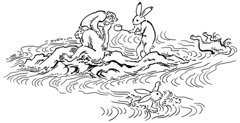 Obraz premium 鳥獣戯画-水場で泳ぐ兎と猿