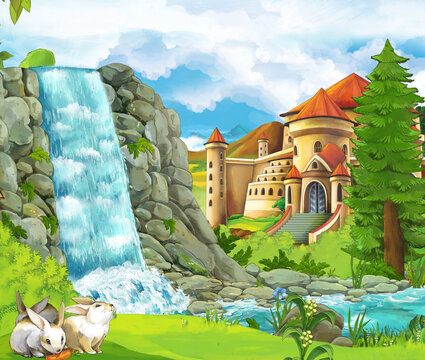 cartoon nature scene with waterfall rabbit castle in background © honeyflavour