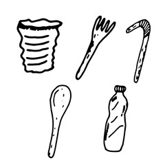Plastic trash on a white background. Scribble. Plastic cup, bottle, fork, spoon, straw. Vector. Hand drawing.

